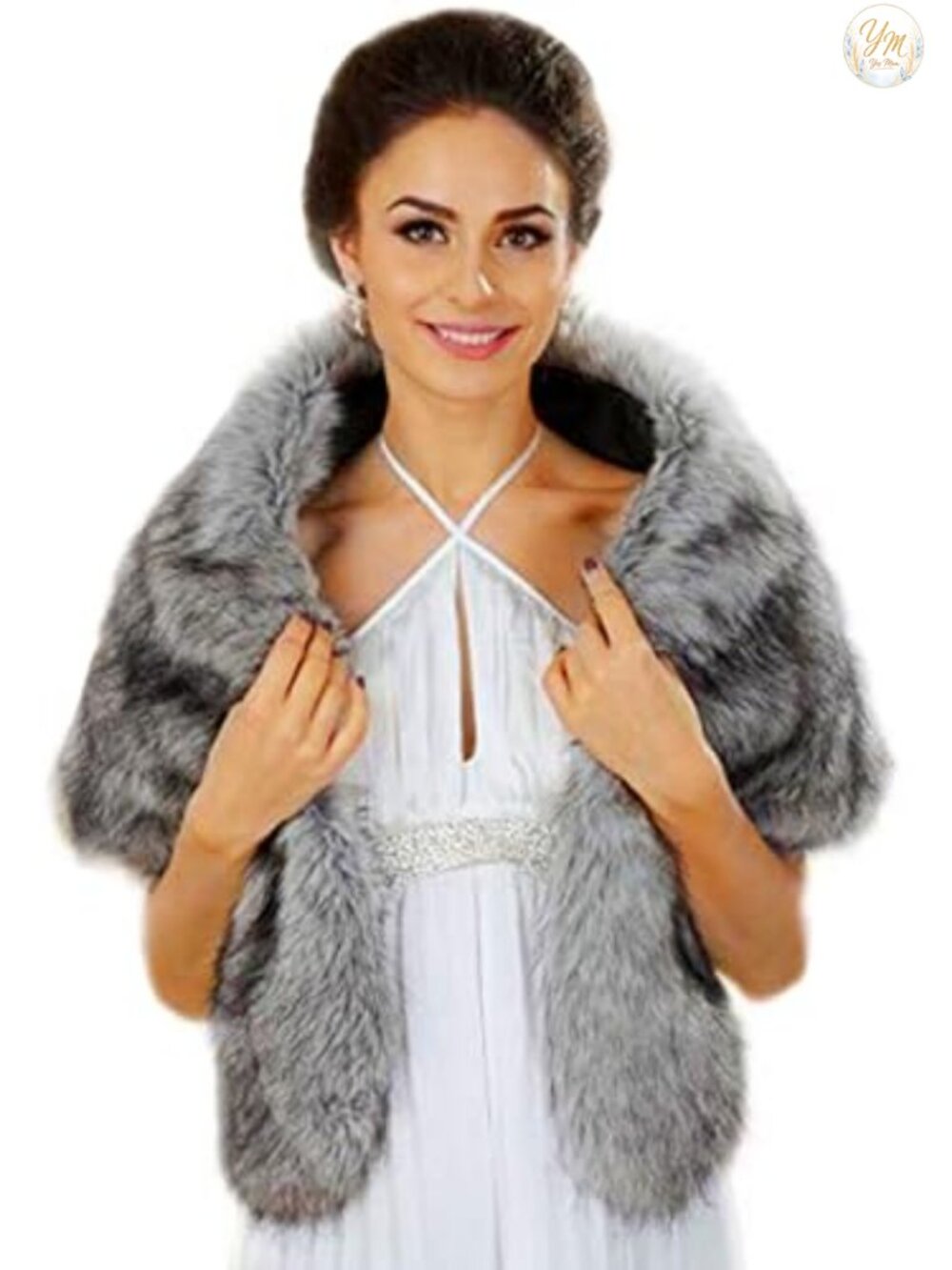 Faux Fur Wedding Shawl Wrap with Rhinestone Brooch Bridal Stole